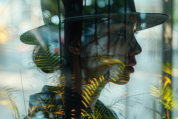 A double exposure photograph blending a woman's face with a natural landscape, creating a surreal and dreamlike atmosphere