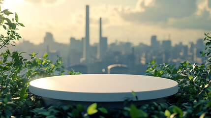 Carbon Tax Podium A White Circular Platform Showcasing Greenery Against an Industrial Cityscape Sunset Background