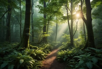 Sunlit Path Through a Mystical, Mossy Forest: Enchanting Sunbeams and Lush Greenery