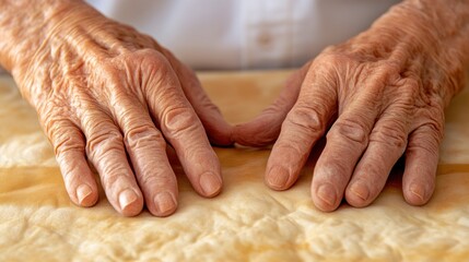 Elderly hands kneading dough, kitchen, sunlight