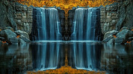 Autumn waterfall, park, calm water, nature, symmetrical reflection, fall foliage, tranquil scene, desktop wallpaper