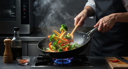 Stir Frying Colorful Vegetables in a Wok