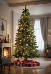Evergreen spruce Christmas tree with ornaments and lights in a living room, christmas decorations, winter wonderland