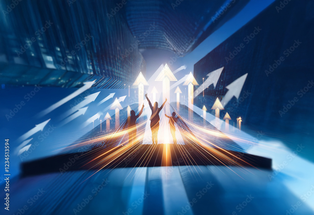 Poster three silhouetted figures celebrate success on a glowing path, surrounded by upward-pointing arrows 