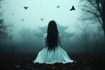 Woman in White Dress Sits in Foggy Forest