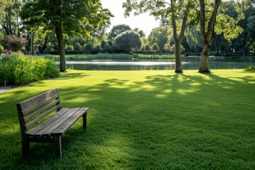 A peaceful park scene featuring a wooden bench beside a tranquil lake, surrounded by vibrant green grass and lush trees under bright sunlight. Ideal for relaxation and nature appreciation.