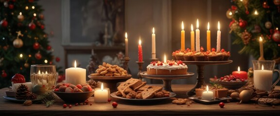 Festive Christmas Eve dessert table with candles and festive treats, festive christmas eve, candlelit dessert table