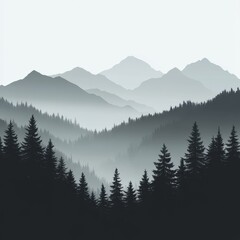 Misty mountain range, forest silhouette, calm scene, nature poster