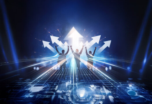 Three silhouetted figures celebrate success, arms raised, amidst glowing arrows and a dynamic technological backdrop symbolizing upward mobility and achievement.