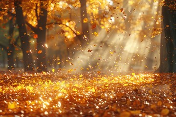a peaceful park scene during autumn with vibrant fall colors, serene lakes, and walking paths