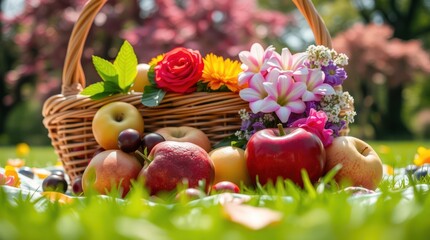 Fresh, organic Easter eggs nestled in a woven basket with spring flowers