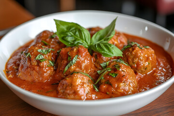 Italian Meatballs in Rich Tomato Sauce Garnished with Fresh Basil in a White Bowl  