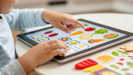 Close up of child hands pointing at tablet computer screen, choosing healthy food icons, while playing interactive educational game, promoting nutritional awareness and early learning