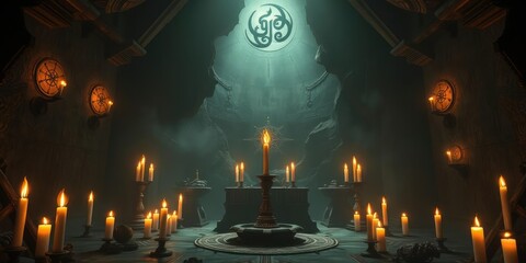 Flickering candles casting an otherworldly glow on a chamber filled with strange, pulsing artifacts and mysterious symbols etched into the walls, mysterious energy, strange symbols, eerie ambiance