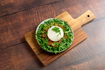 Farmer Italian soft cheese mozzarella served with fresh basil and red cherry tomatoes