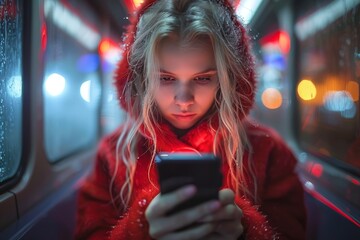 Young woman navigates train station with suitcase and smartphone for her journey ahead