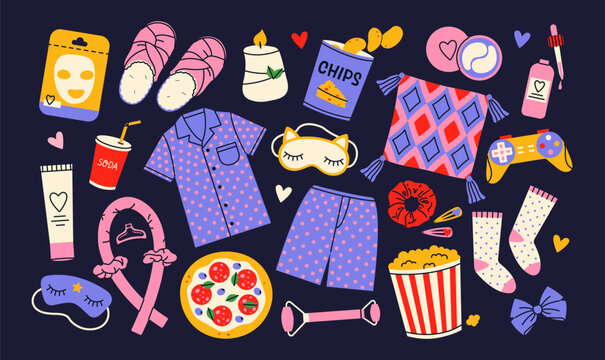 Elements collection for pajama party. Lovely pajama, snacks, sleep mask, socks, cosmetics, pillow, face mask, slippers, hair roller and tie. Flat vector illustration.