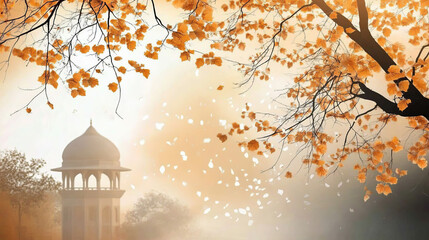 golden autumn leaves cascade over indian architecture in serene fall scene