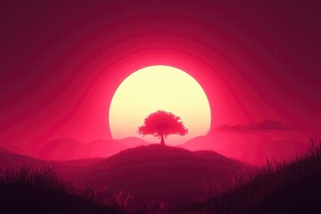 Solitary Tree Silhouette Against a Vibrant Pink Sunset