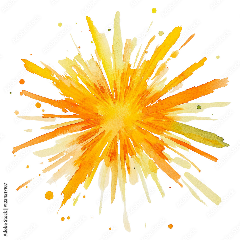 Poster An abstract watercolor painting depicting a vibrant explosion of yellow and orange colors creating a dynamic and energetic visual effect.