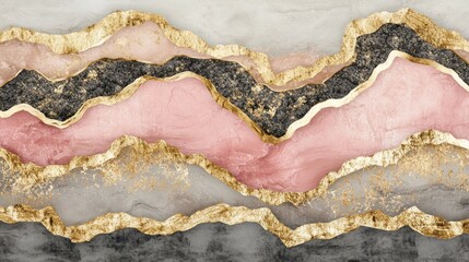 Fototapeta premium Gold-edged pink, gray, black marble landscape; abstract art; wall decor