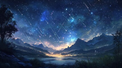 Magical night sky with meteor shower over serene mountain lake and village.