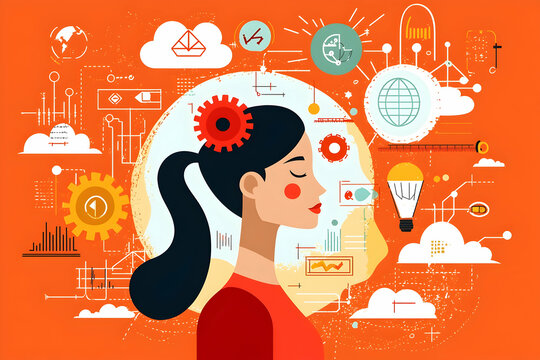 Woman meditating, ideas flow, global business background, marketing concept