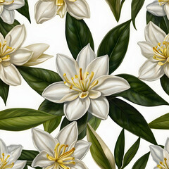 Fototapeta premium elegant vanilla orchid with pods and lush green leaves isolated on white background