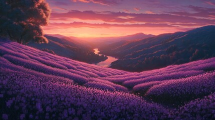 Naklejka premium Serene Lavender Fields at Sunset Overlooking a River