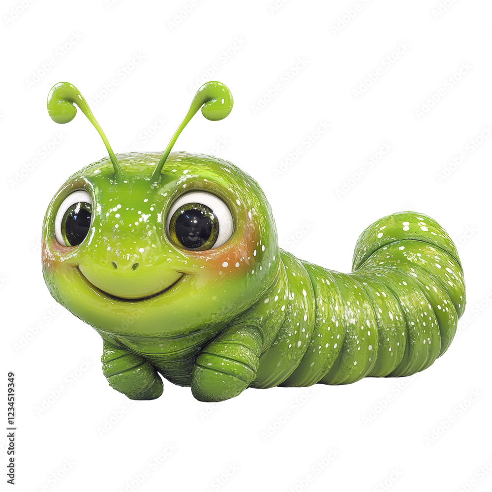 Poster a digitally rendered image of a cheerful green cartoon caterpillar with large eyes and a happy expre