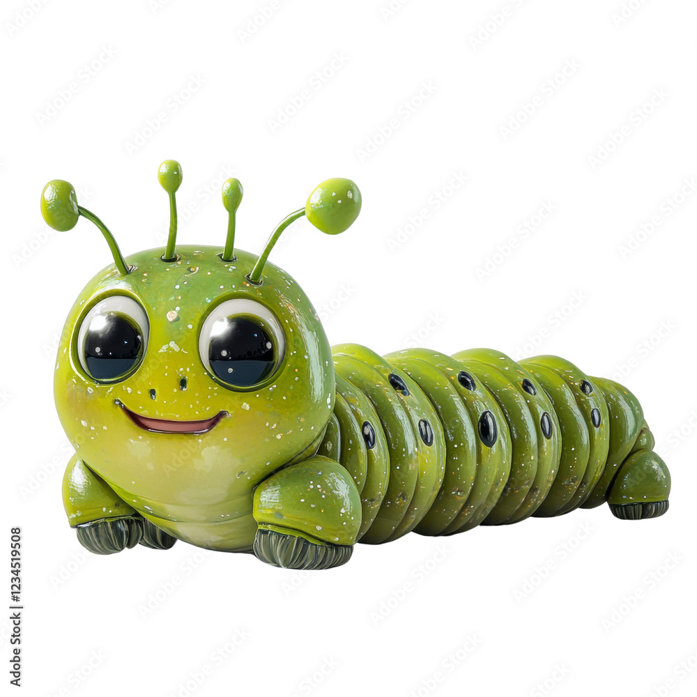 Poster a charming 3d rendered image of a cartoon caterpillar with big eyes and a joyful expression.