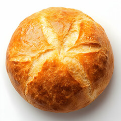 Round bread, baked, golden crust, white background, food photography