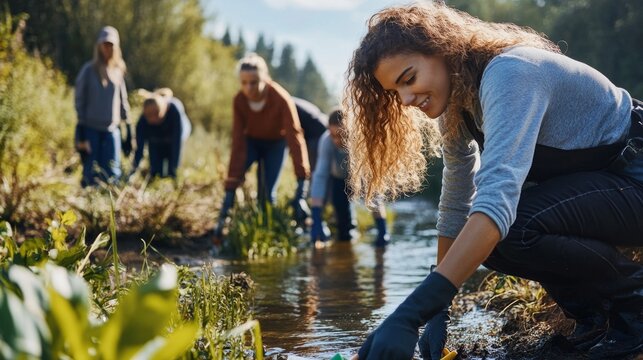 Diverse Group of People Cleaning Riverbank for Environmental Cause - Powered by Adobe