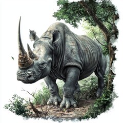 Fototapeta premium Majestic Rhinoceros in Natural Habitat Surrounded by Lush Greenery and Textured Environment