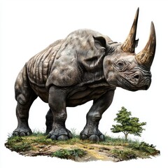 Fototapeta premium Detailed and Realistic Illustration of a Majestic Rhinoceros in Natural Habitat with Lush Greenery