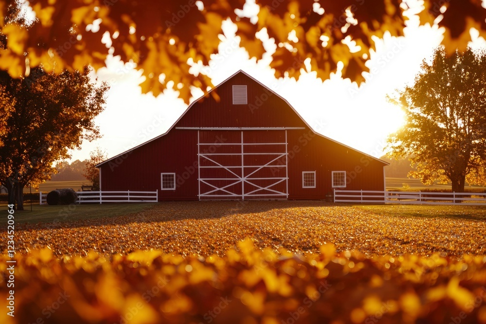 Wall mural Red Barn Autumn Sunset Rural Landscape Scene