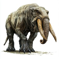 Fototapeta premium Majestic prehistoric elephant-like creature with large tusks showcasing rugged texture and powerful stance in natural setting