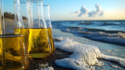 Obraz premium Water Quality Test Station on Beach with Environmental Tools at Sunset
