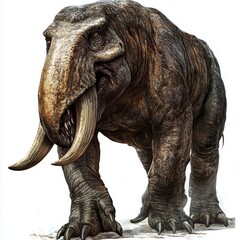 Fototapeta premium Elephant-like creature with oversized tusks and rugged skin walking through a misty landscape in a beautifully rendered digital artwork