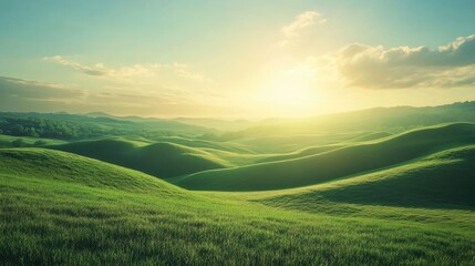 Green rolling hills with sunlight