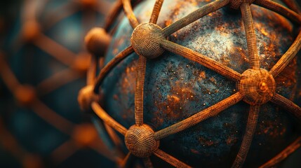 Rusty metal sphere network globe closeup, dark background