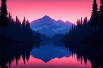 Serene Mountain Lake Sunset Silhouette Scene