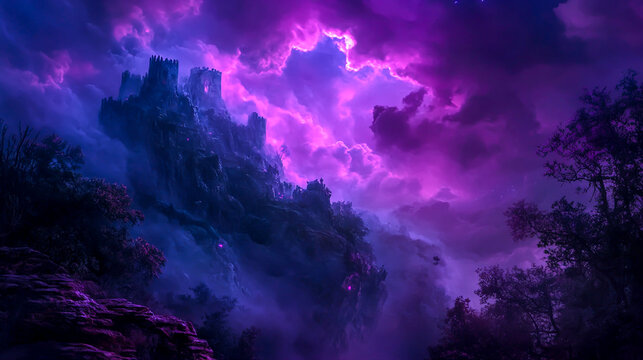 A dark and deep purple, violet, blue, pink, magenta, and fuchsia sky filled with storm clouds, rain, and fog (4)