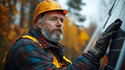 Senior technician inspecting solar panel, autumn forest