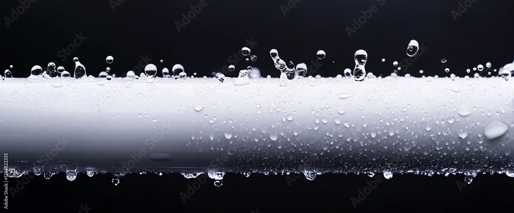 Aufkleber close-up of water droplets on a white pipe with splashing water, symbolizing cleanliness and freshne