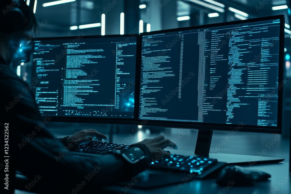 Poster programmer working on dual monitors in a high-tech office environment