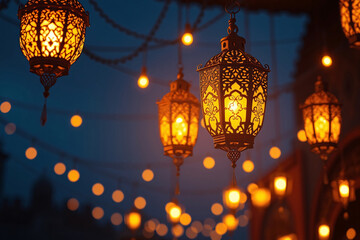 Golden Moroccan Ramadan Lanterns Illuminated in Dramatic Chiaroscuro Lighting with Intricate Patterns