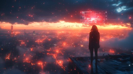 Fototapeta premium Woman silhouetted against futuristic city skyline at sunset, overlooking a fiery cityscape with a holographic display.