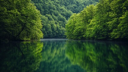 Tranquil Lake Surrounded by Lush Green Forests Reflecting Calm Waters