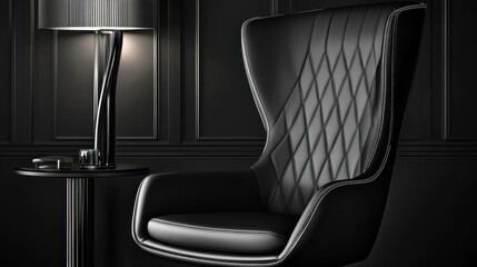 Naklejka premium Modern Black Leather Chair in Dark Room.